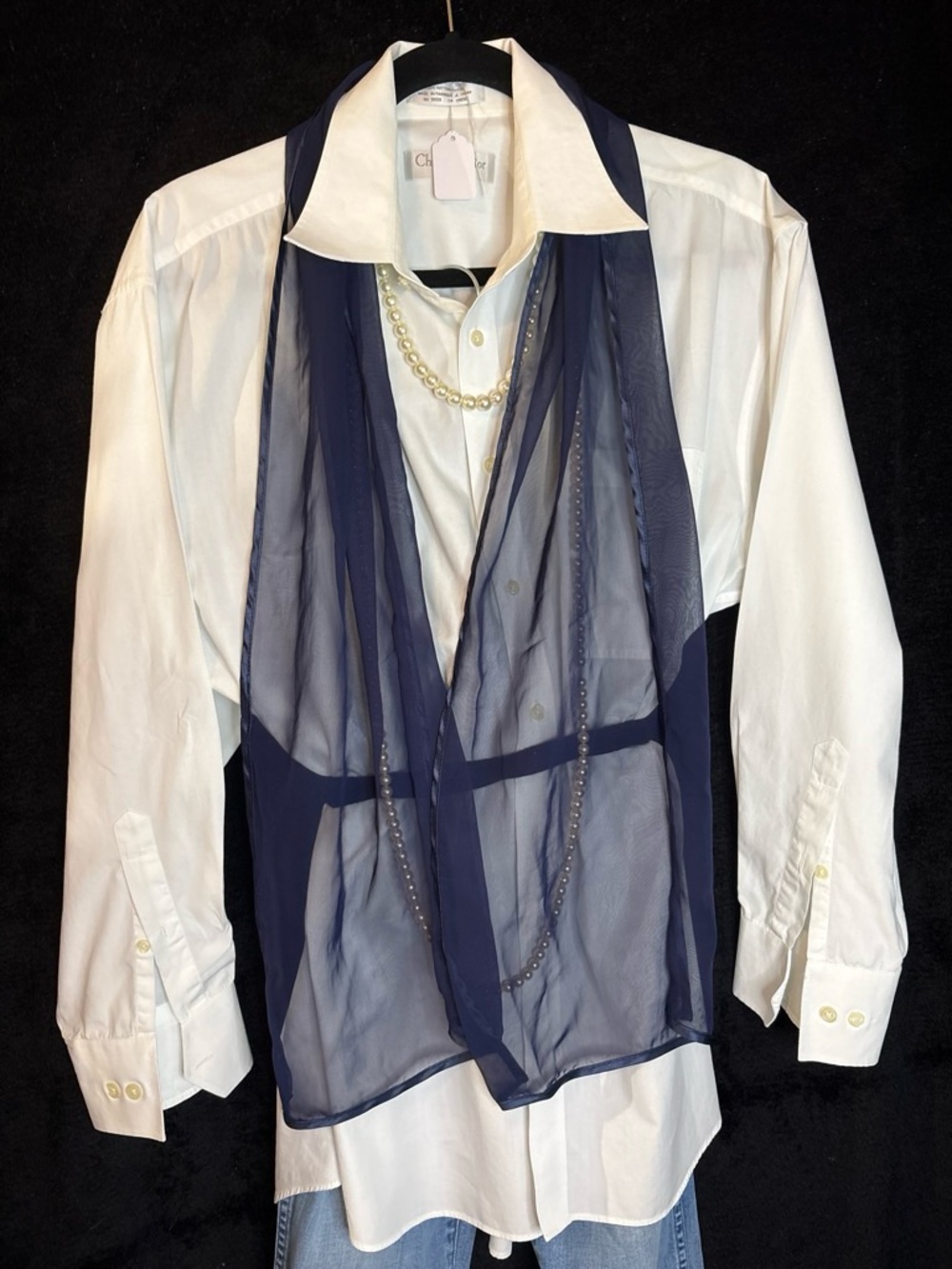 Womens Sheer Chiffon Neck Tie Scarf OS Deep Blue Formal Accent Coquette EUC Chic